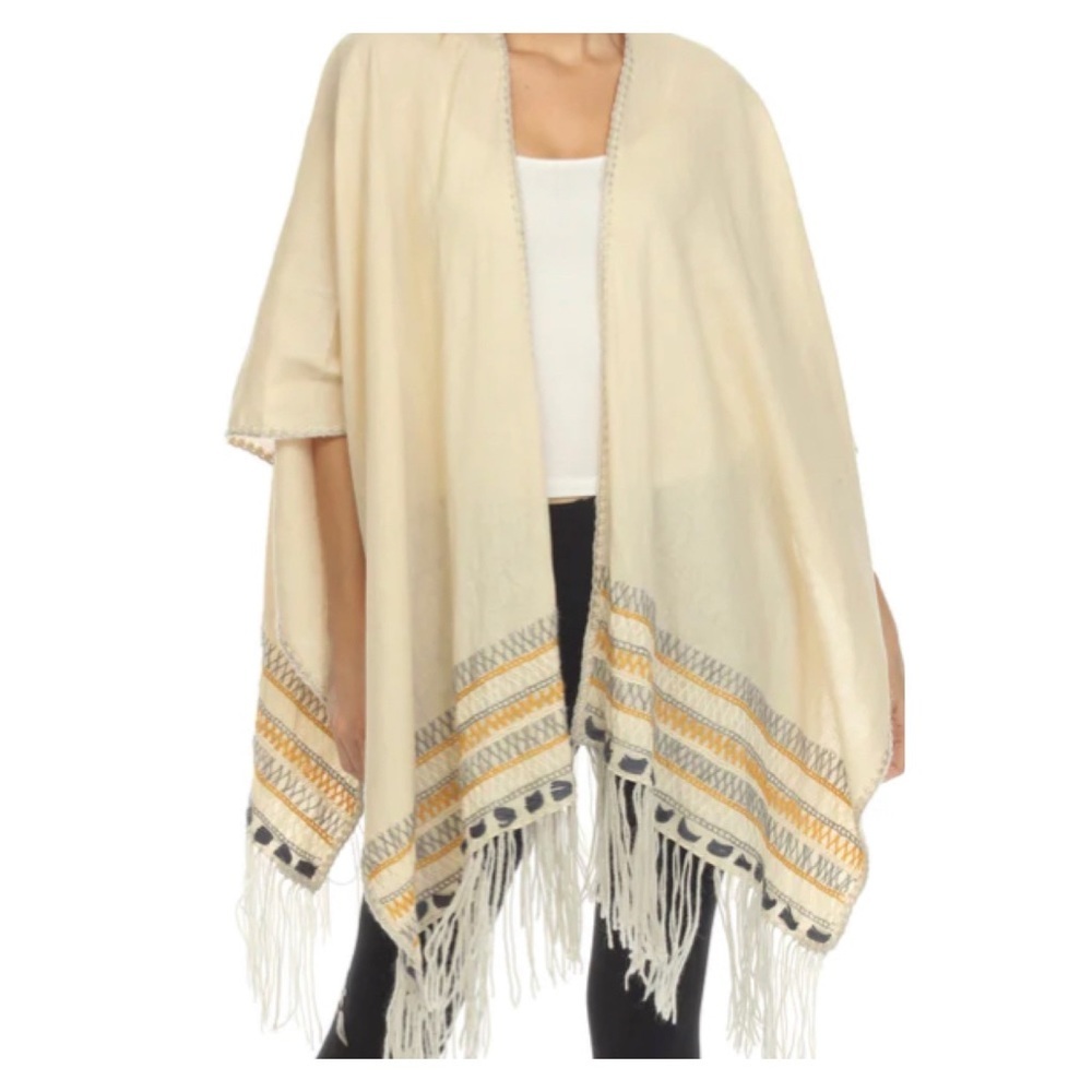 NWT Johnny Was Aro Cream Linen Blend Embroidered Fringe Poncho OS
